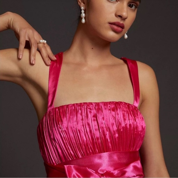 ANTHROPOLOGIE Maeve Pink Satin Mini Bow-Tie Pleated Fit & Flare Dress - Size 8 - Picture 2 of 16